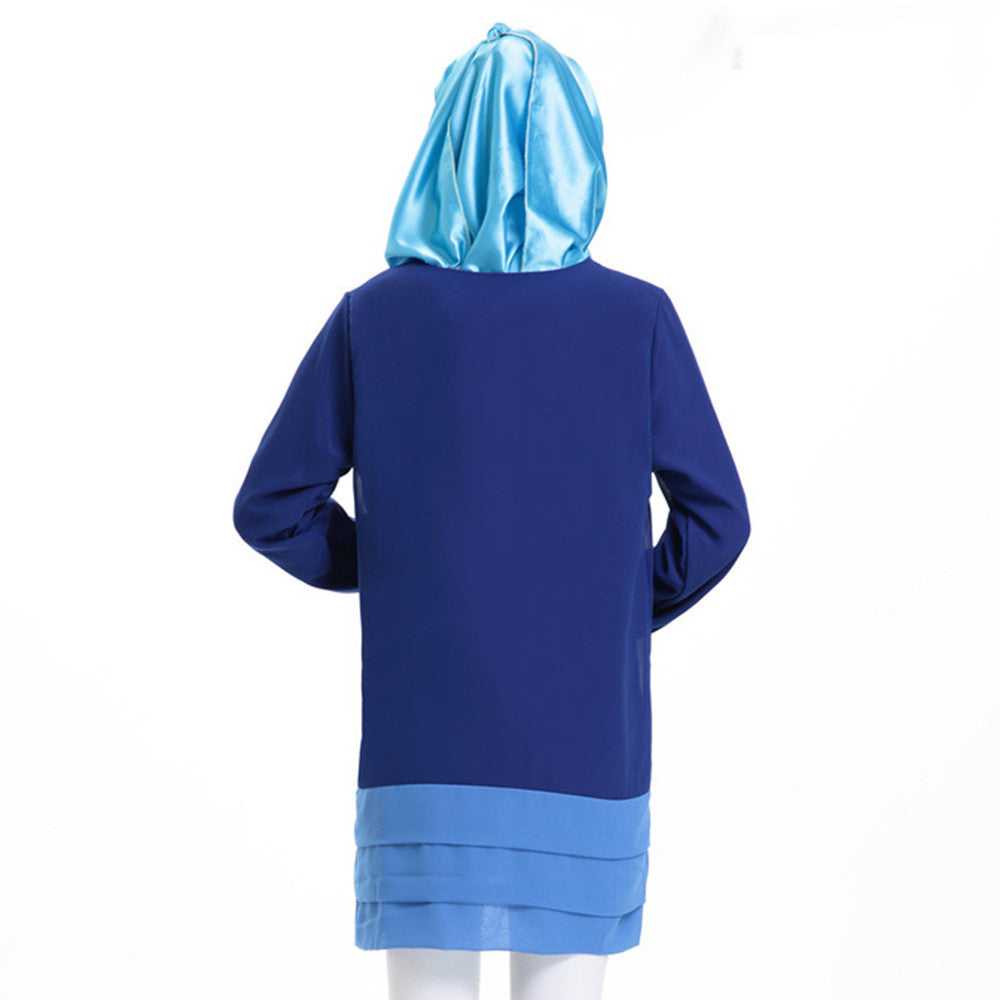 Chiffon Muslim Splicing Short Dress Long Sleeve All-match   sapphire blue - Mega Save Wholesale & Retail - 3