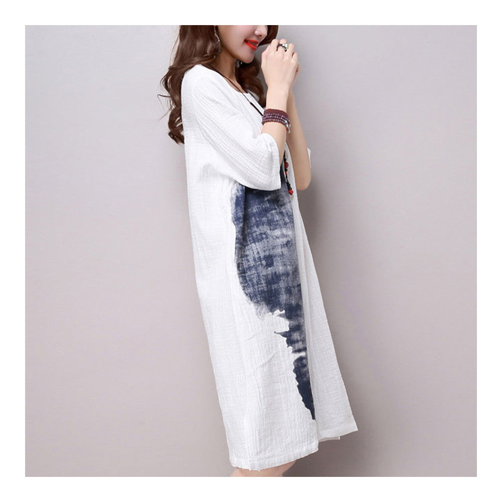 Ink and Wash Middle Long Dress Loose Plus Size   blue   M - Mega Save Wholesale & Retail - 3