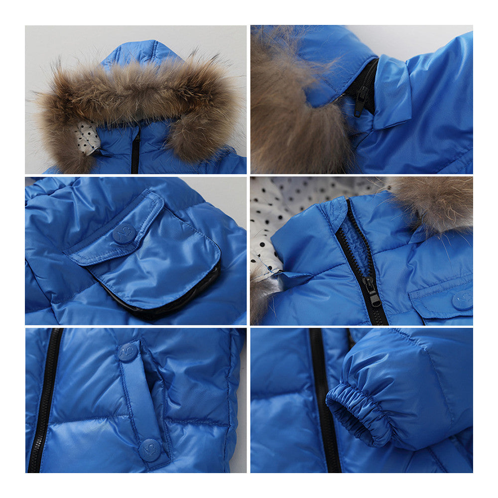 Child Thick Down Coat Racoon Fur Collar Warm Trousers   wine red  S - Mega Save Wholesale & Retail - 2