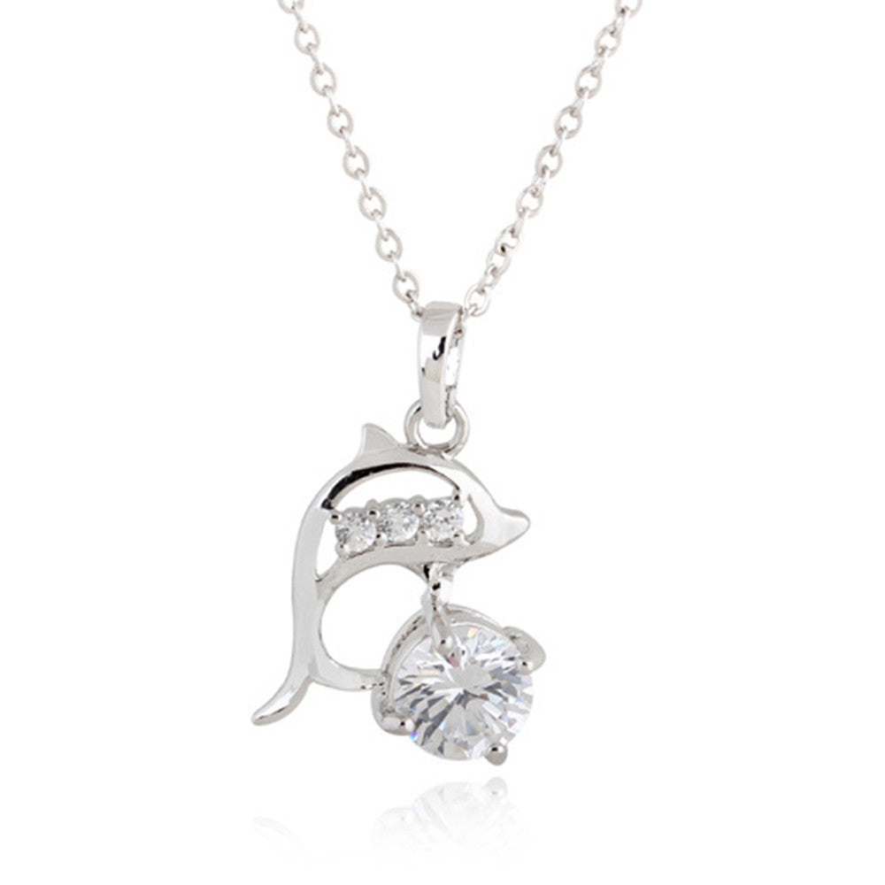 18K Gold Platinum Galvanized Austrian Zircon Necklace Dolphin  white - Mega Save Wholesale & Retail - 1