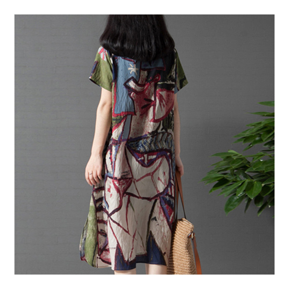 Loose Plus Size Middle Long Cotton&Flax Dress   green  M - Mega Save Wholesale & Retail - 3