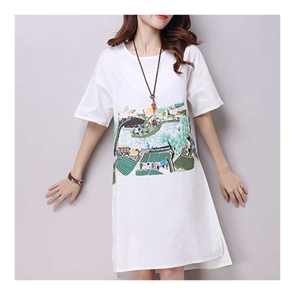 Plus Size Loose Cotton&Flax Middle Long Dress   white   M - Mega Save Wholesale & Retail - 1