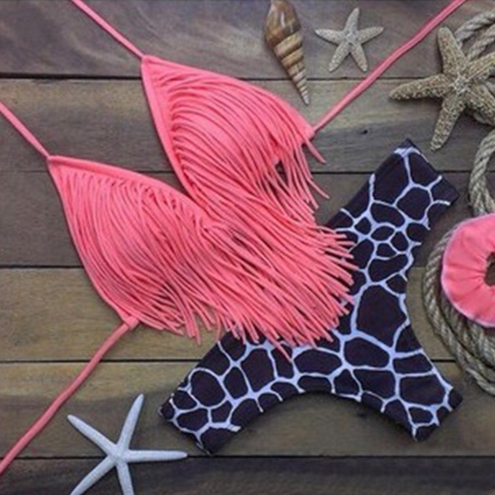 Tassel Bikini Leopard Print Swimwear Swimsuit Bathing Suit  watermelon red - Mega Save Wholesale & Retail - 1