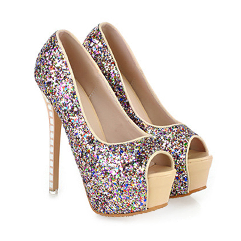 Rhinestone Thin High Heel Peep-toe Thick Sole Platform Paillette Women Thin Shoes  beige