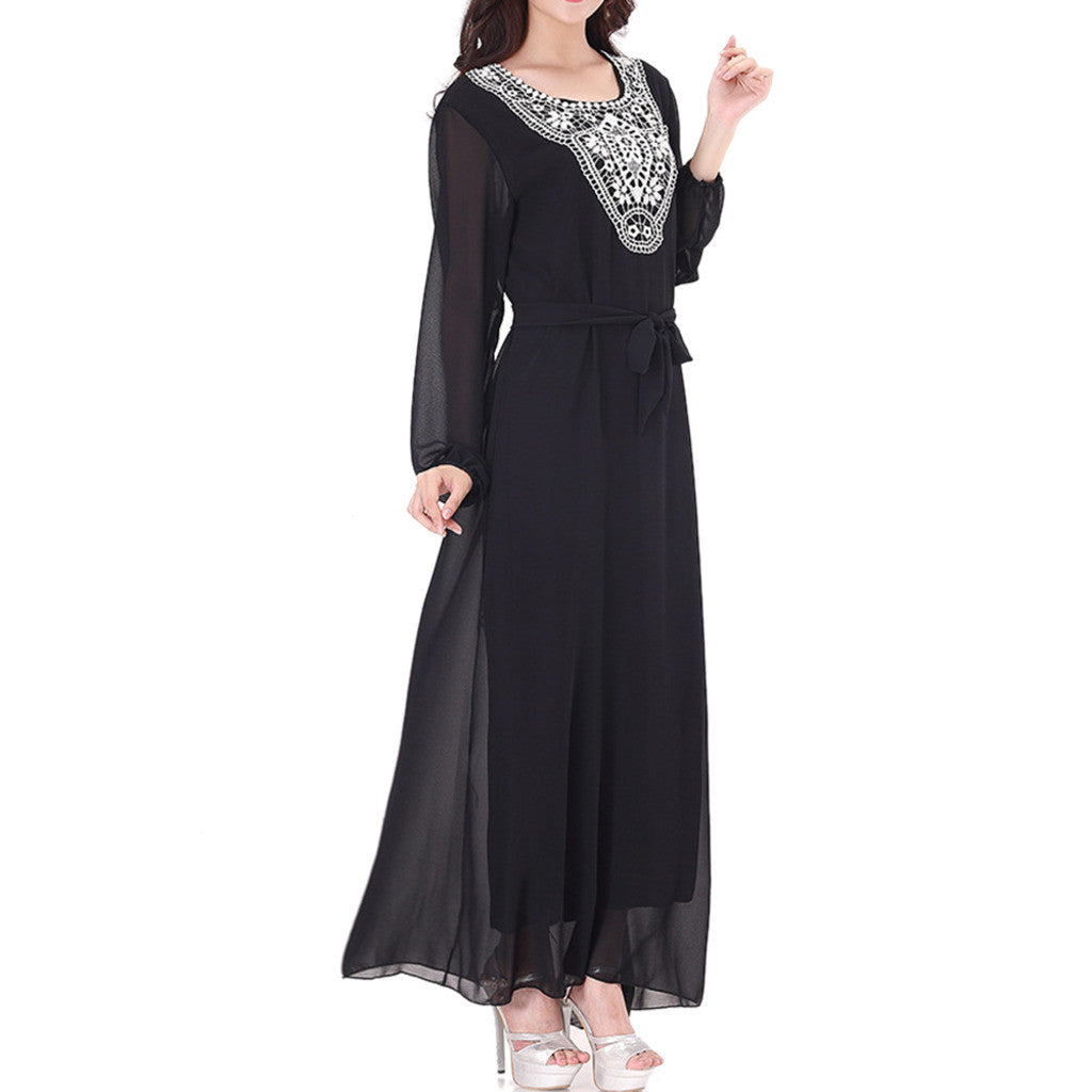 Embroidery Long Sleeve Muslim Long Dress  black - Mega Save Wholesale & Retail - 2
