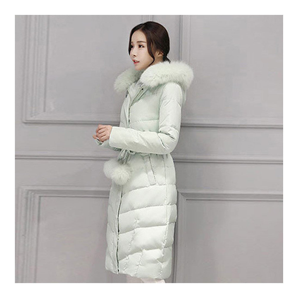 Real Fox Fur Collar Middle Long Down Coat Woman   pea green   S - Mega Save Wholesale & Retail - 2