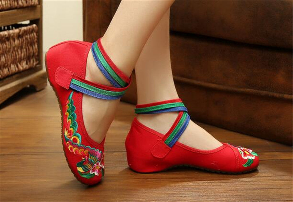 Chinese Embroidered Floral Shoes Women Ballerina Mary Jane Flat Ballet Cotton Loafer Red - Mega Save Wholesale & Retail - 2