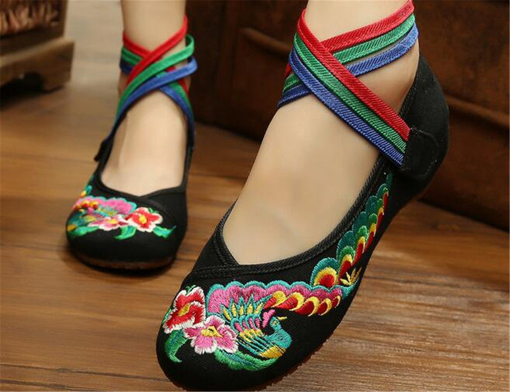 Chinese Embroidered Floral Shoes Women Ballerina Mary Jane Flat Ballet Cotton Loafer Black - Mega Save Wholesale & Retail - 2