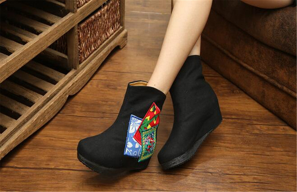 Chinese Embroidered Shoes women's singles boots national wind Elevator shoes Tall Boots Black - Mega Save Wholesale & Retail - 5