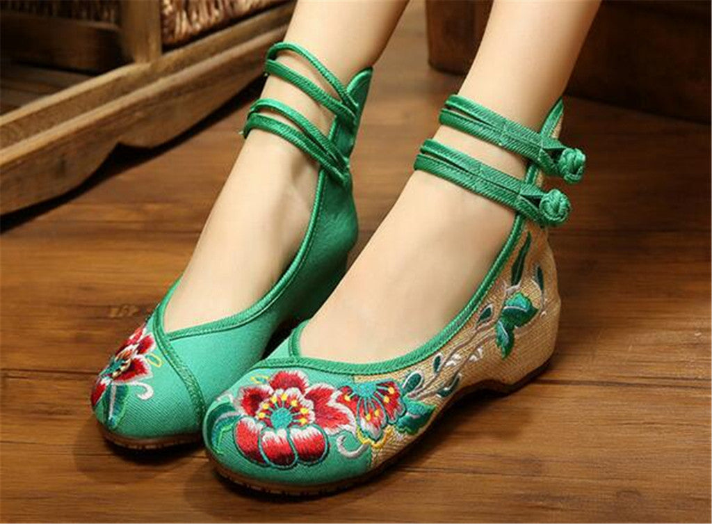 Chinese Embroidered Floral Shoes Women Ballerina Mary Jane Flat Ballet Cotton Loafer Green - Mega Save Wholesale & Retail - 4