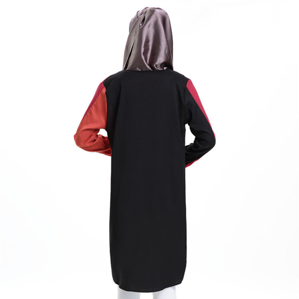 Flax Short Muslim Long Dress Long Sleeve Splicing   brick red - Mega Save Wholesale & Retail - 3