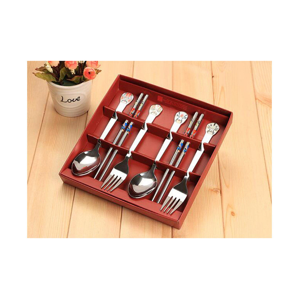 6pcs China Quintessence Opera Stainless steel dinnerware sets Opera Face Chopsticks Fork Spoon - Mega Save Wholesale & Retail