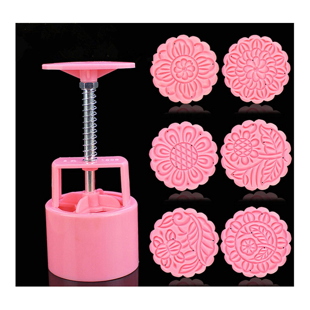 Round Shape Moon Cake Pastry Mold Hand Pressure 100g One Barrel 6 Flower piece baking mold for Mid-Autumn - Mega Save Wholesale & Retail