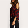 Sexy Open Shoulder Plaid Casual Tartan Shirt Blouse Top