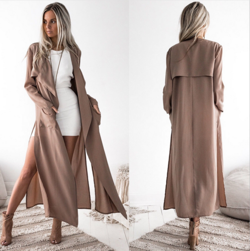 Beige Waterfall Lapel Longline Open Front Trench Coat Jacket