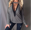 Women Fashion Maroon Lace Neck Plunge Long Sleeve Jersey Blouse Top Plus Size