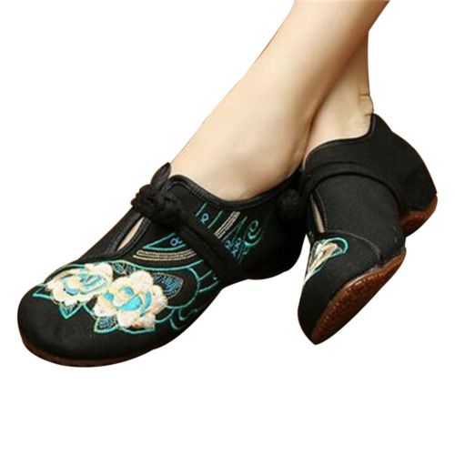 Chinese Embroidered Floral Shoes Women Ballerina Mary Jane Flat Ballet Cotton Lo