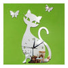 Quartz Wall Clock Living Room Creative Cute Black Cat   silver mirror