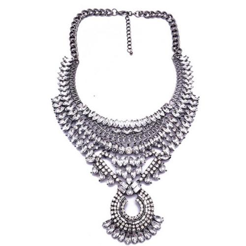 European Necklace Vintage Exaggerated Alloy Zircon Necklace   white