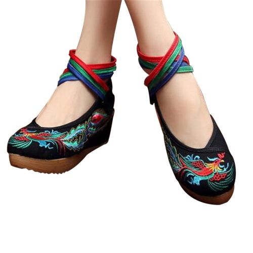 Chinese Embroidered Shoes Women Ballerina Cotton Elevator shoes Phoenix Black
