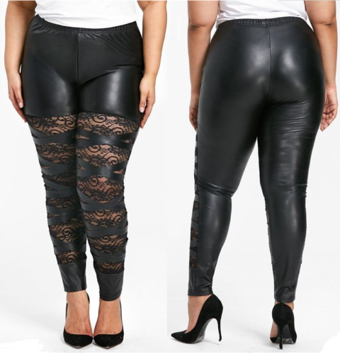 Black Metallic Wet Look Leather Stretch Torn Lace Skinny Leggings Pants Trousers