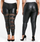 Black Metallic Wet Look Leather Stretch Torn Lace Skinny Leggings Pants Trousers