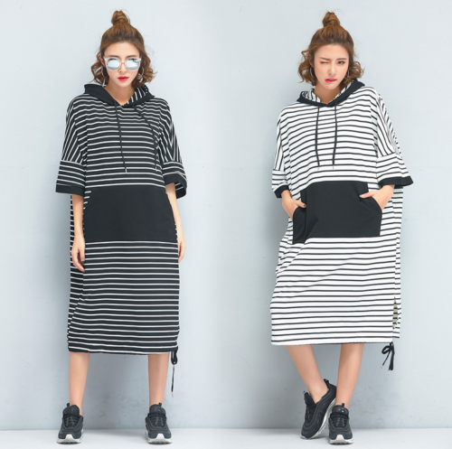 Black & White Stripe Oversized Hoodie Sweatshirt Jumper Dress Plus Size