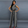 Black Geo Print Wide Leg Jumpsuit with free Gold Plate Metallic Belt