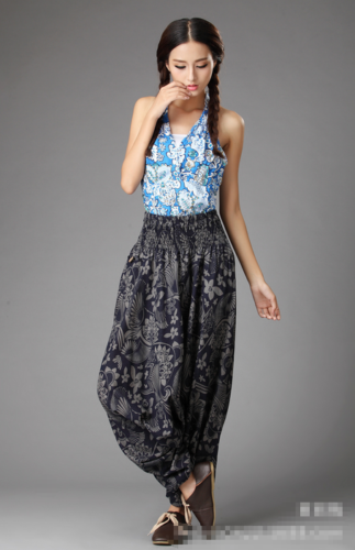 Retro Floral Dark Blue Linen Woven Baggy Harem  Yoga Dancing Trousers Pants
