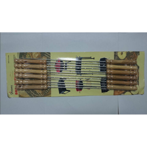 12Pcs Stainless Steel BBQ Barbeque Skewers Wooden Handle 16