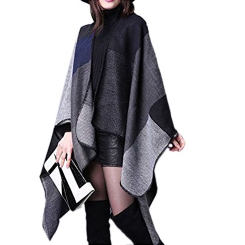 Super Big Thick Warm Checks Tippet Scarf Cloak    black