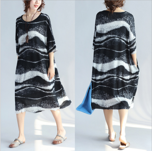 Fashion Black Wave Pattern Oversized Tunic Casual Dress