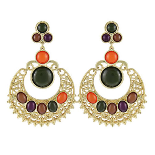 Ethnic Colorful Alloy diamond crescent earrings   DARK GREEN+ORANGE