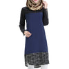 Muslim Checks Splicing Long Sleeve Short Dress middle long skirt size:F