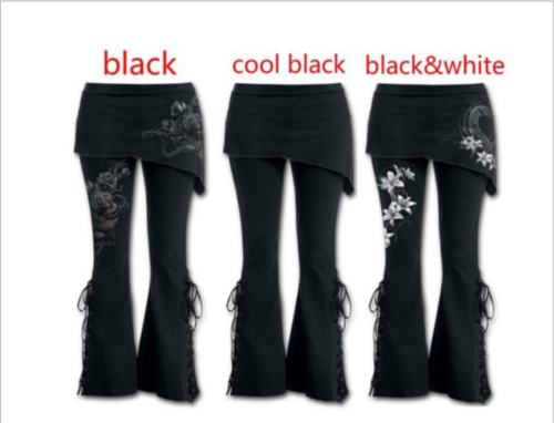 Black Gothic Punk Folded Floral Lace Over Wide Leg Trousers Pants Plus Size