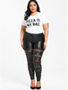 Black Metallic Wet Look Leather Stretch Torn Lace Skinny Leggings Pants Trousers
