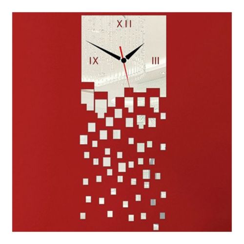 Mirror Wall Clock 3D Decoration Square Mosaic   silver
