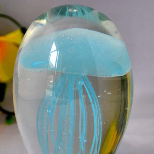 Glass Black GLOWING JELLYFISH Paperweight Glow in the Dark WITH LED BASE