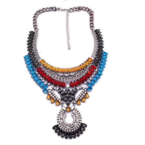 European Necklace Vintage Exaggerated Alloy Zircon Necklace   colorful