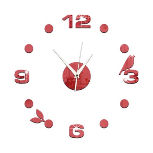 Creative Wall Clock 3D Small Bird Leaf Mirror Digit    red