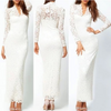Plus Size Dress Women Lace Long Sleeve Scalloped Neck Cocktail Party Maxi Prom
