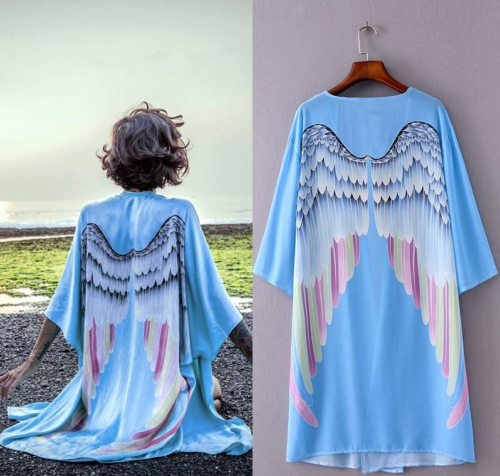 Blue Angel Wings Relaxed Open Cardigan Cover Up Kimono Cape