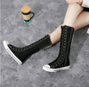 Canvas Spike Rivet Lace Up Wedges Flat Skate Mid-Calf Sneaker Boots