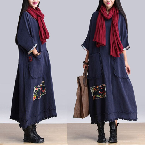 Blue Linen Woven Cloth Patch Oversized Baggy Tunic Dress