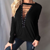Women Fashion Maroon Lace Neck Plunge Long Sleeve Jersey Blouse Top Plus Size