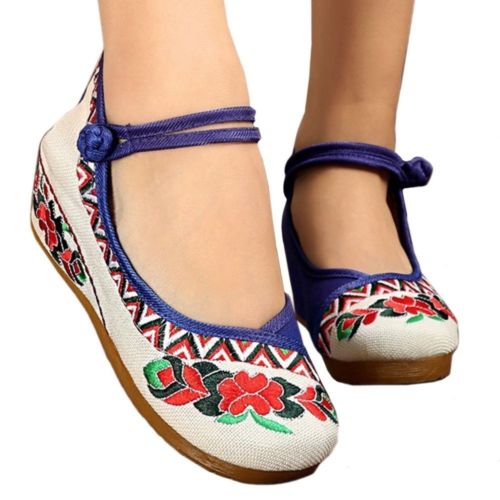 Old Beijing Cloth Embroidered Shoes Flax   blue