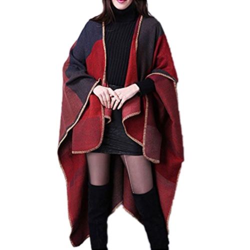 Super Big Thick Warm Checks Tippet Scarf Cloak    red