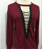 Women Fashion Maroon Lace Neck Plunge Long Sleeve Jersey Blouse Top Plus Size