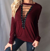 Women Fashion Maroon Lace Neck Plunge Long Sleeve Jersey Blouse Top Plus Size