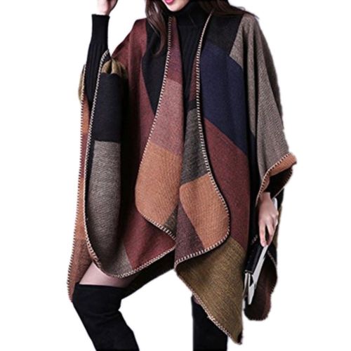 Super Big Thick Warm Checks Tippet Scarf Cloak    khaki